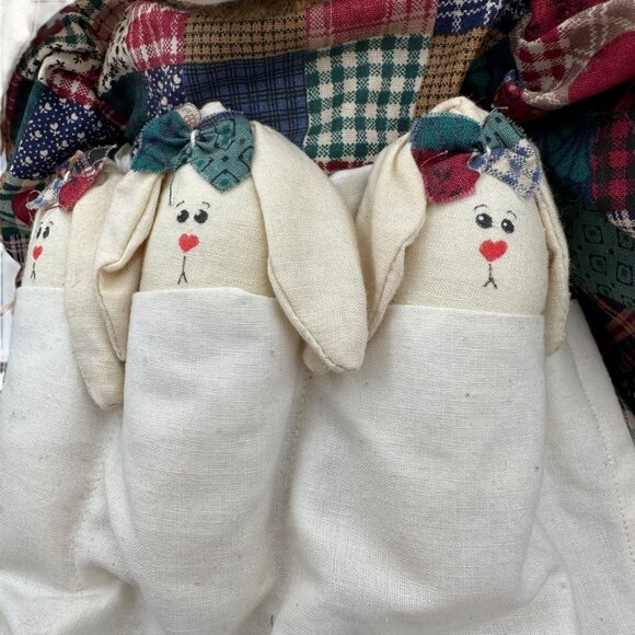 Handmade Patchwork Bunny Doll With Three Baby Bunnies In Apron 18" Plush Decor - Picture 13 of 13